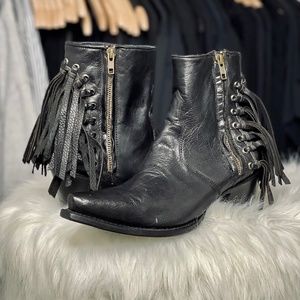 STETSON Fringe Black Leather Evie Ankle Boots